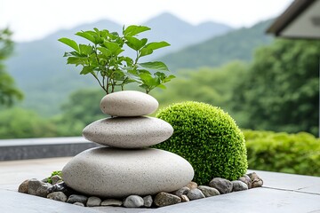 Serene Zen Garden with Stones, Greenery, and Mountains in Background for Tranquil Atmosphere