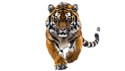 Majestic tiger walking, head-on view against black background