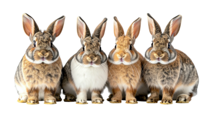 Four cute, fluffy, brown bunnies sitting side by side