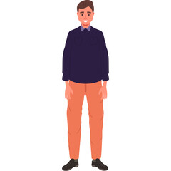 Smiling Young Man Standing Full Body Shot Wearing A Dark Blue Sweater And Orange Pants With Black Shoes Isolated On White Background
