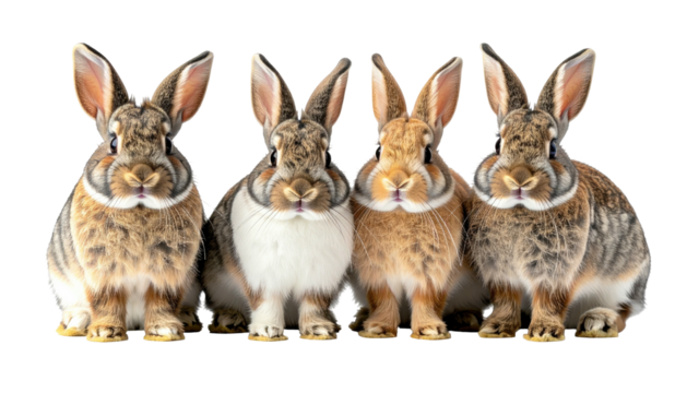 Four cute, fluffy, brown bunnies sitting side by side