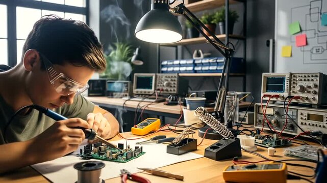 A person in safety glasses carefully solders circuit board components. A desk is filled with soldering tools, electronic components, & testing equipment, creating a technical workspace