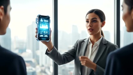 A business person in a gray suit presents data on a futuristic smartphone to colleagues. They discuss and view financial analytics - Powered by Adobe