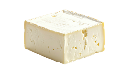 Square, creamy white cheese block with surface texture