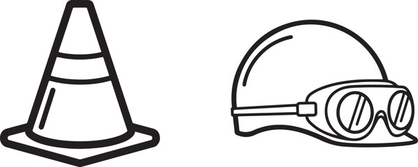 Outline Icons of Road Safety Cone and Worker Helmet with Goggles