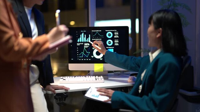 A woman is sitting at a desk with a computer monitor and a keyboard. She is looking at a graph on the screen and pointing at it. There are two other people in the background