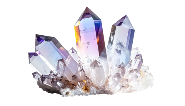 Iridescent quartz cluster reflecting light