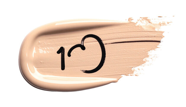 Creamy foundation swipe with dark number "10" on black background
