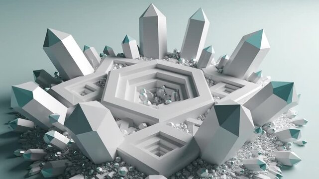 Abstract White Crystal Formation Geometric Structure on Light Blue Background 3D Render Glacial