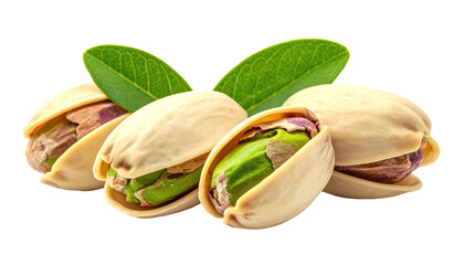 Shelled pistachios with green nuts and leaves, isolated on black