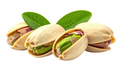 Shelled pistachios with green nuts and leaves, isolated on black