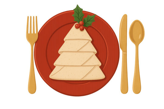 Christmas table setting with folded napkin christmas tree on red plate, golden cutlery, transparent background