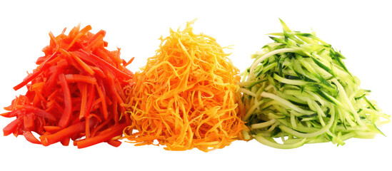 Three piles of shredded vegetables isolated on transparent background