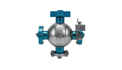Silver ball valve with blue accents. Black background
