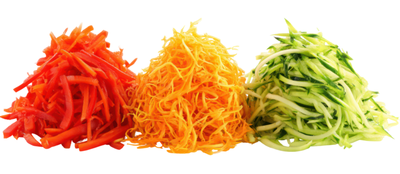 Three piles of shredded vegetables isolated on transparent background