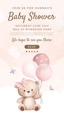 Watercolor baby shower cute animal teddy bear baby girl boy poster template card invitation
