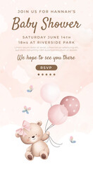 Watercolor baby shower cute animal teddy bear baby girl boy poster template card invitation