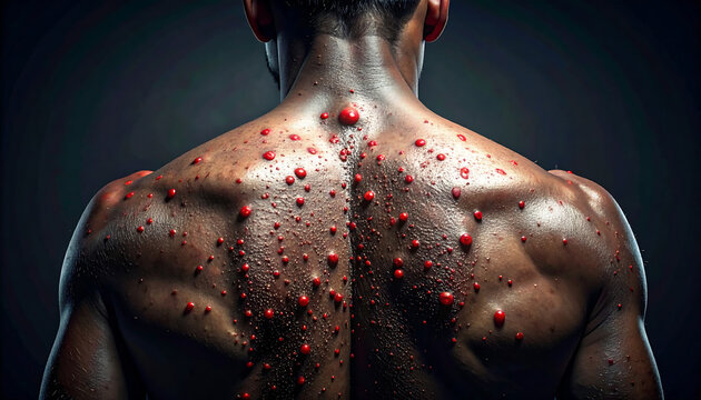 A close-up view of a muscular man's back covered with a severe case of red, inflamed acne or a skin rash.