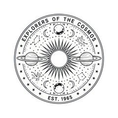 Explorers of the Cosmos Celestial Emblem with Planets and Stars.