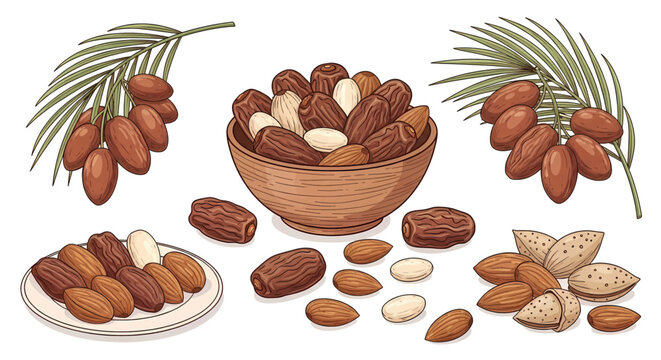 Hand-drawn collection of date fruits and almonds shown in a bowl on a plate and on palm fronds.