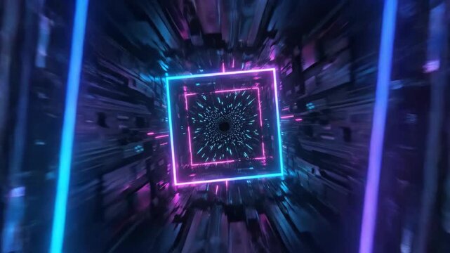 Neon tunnel with concentric glowing squares particle motion creating futuristic vortex of blue and pink light dynamic energetic atmosphere conveying motion and depth neon circuit chip glowing frame - Powered by Adobe