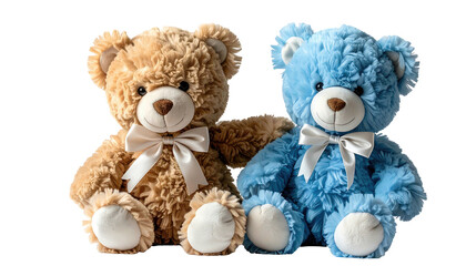 Two cute teddy bears, one brown, one blue, sitting together