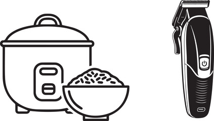 Monochrome Vector Icons: Rice Cooker with Bowl of Rice and Electric Clipper