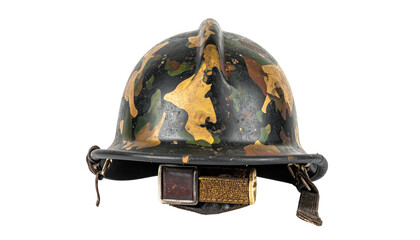 Camouflaged helmet with chin strap facing forward
