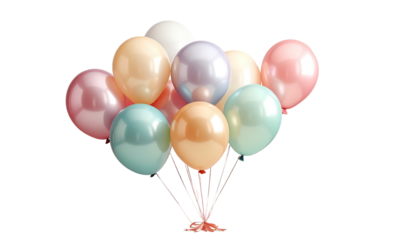 Bunch of colorful pastel party balloons, tethered, on black background