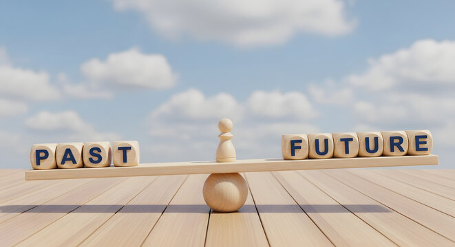 A wooden seesaw weighing the 'Past' against the 'Future', symbolizing a life decision or strategic choice.