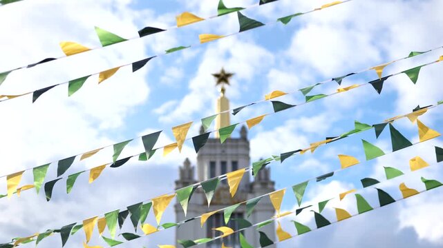 Bunting flags celebrating above Moscow State University building