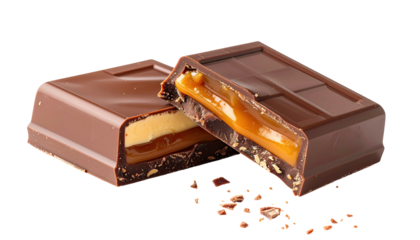 Cut chocolate reveals caramel, peanut butter filling