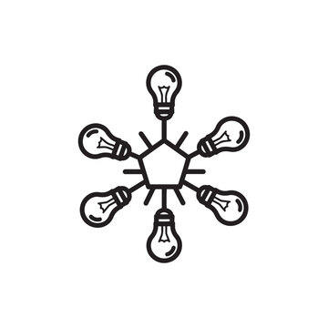 Central idea hub connecting multiple diverse lightbulb concepts and solutions