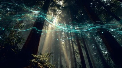 Obraz premium Digital Energy Flow in a Forest – AI Nature Connection with Sun Rays 