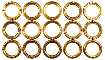 Rows of fifteen ornate, golden, circular picture frames on black