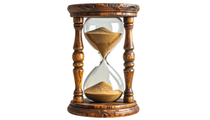Elegant hourglass with sand flowing through, isolated on black