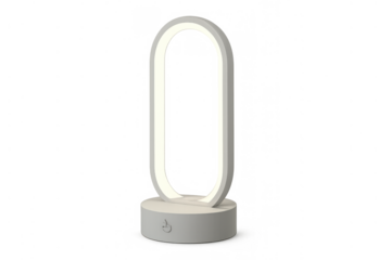 Modern led desk lamp illuminating with a minimalist oval design, featuring a touch sensor, creating glowing light, transparent background