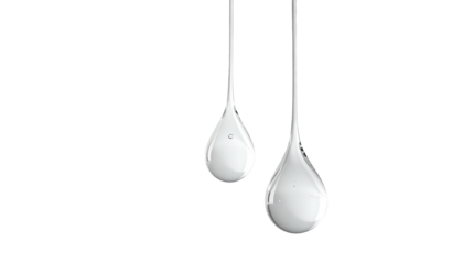 Two suspended, glistening, translucent teardrop shapes on black