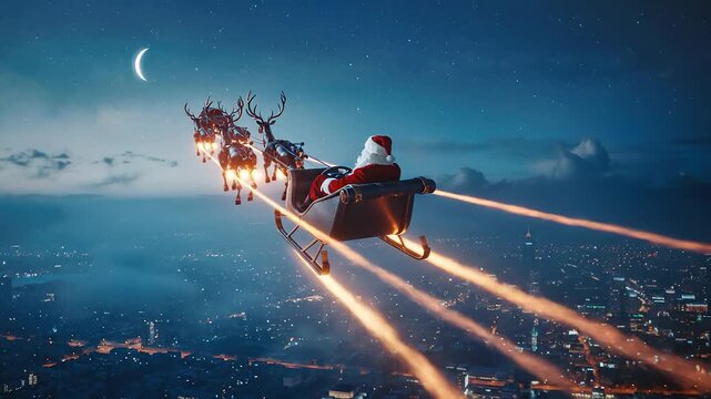 Santa Claus in Sleigh Soaring Over City Skyline at Night with Rocket Trails
