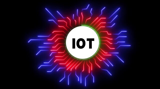 IoT Internet of Things text with Abstract Colorful Glowing Circuit Board animation background
