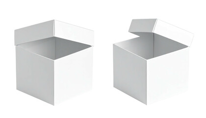 Two white, empty, partially open, square, cardboard boxes
