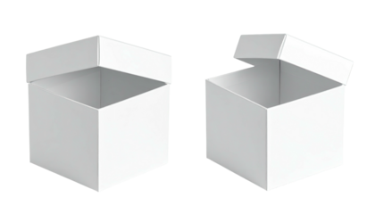 Two white, empty, partially open, square, cardboard boxes