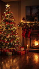Christmas background living room with warm lights glowing fireplace cozy atmosphere