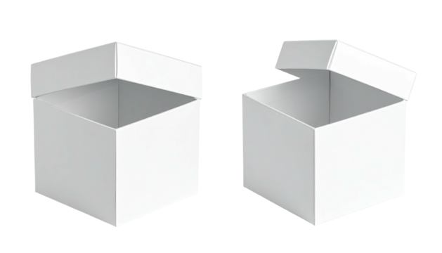 Two white, empty, partially open, square, cardboard boxes