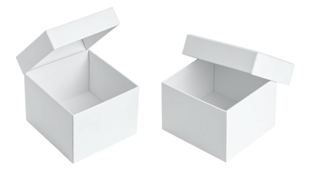 Two square, white boxes, partially open, side by side