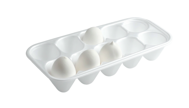 Eggs in white carton, few missing, on dark background