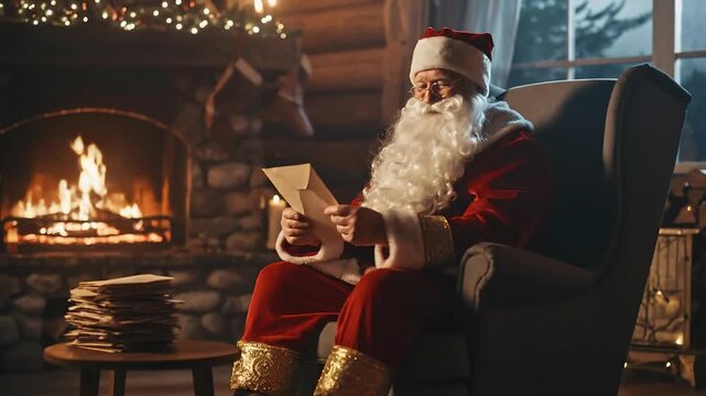 Santa Claus Reading Letter in Cozy Living Room with Fireplace and Christmas Decorations
