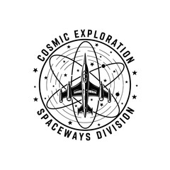 Cosmic Exploration Spaceways Division Logo with Jet Aircraft and Atomic Orbit.