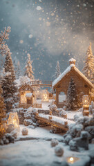 雪に包まれた木製オブジェの小さな街並みが柔らかな灯りをまとい冬の祝祭ムードを静かに高める北欧風クリスマス情景. 生成AI