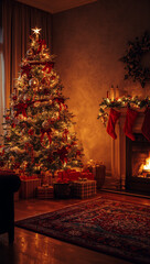 Christmas background living room with warm lights glowing fireplace cozy atmosphere